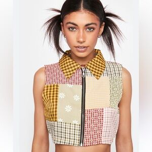 Q The Ragged Priest Jessie Patchwork Cropped Daisy Boho Shirt Womens Juniors S/P